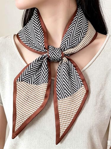 kcctoo 59" Mulberry Silk Like Head Scarf Women's Fashion Square Neck Satin Scarfs for Bag Hair Scarves Gift 59 * 5.9” - color: B003-brown Border Check