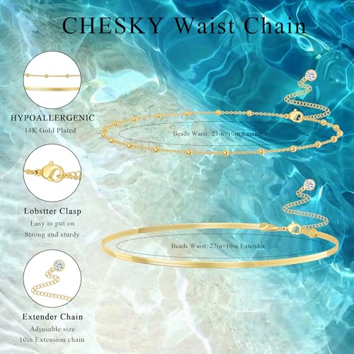 Risamil Waist Chain for Women, Dainty Gold Plated Belly Chain for The Waist Adjustable Waterproof Sexy Bikini Satellite Beads Sparkle Chain Simple Body Chain Summer Jewelry Gifts for Women - style: Snake1