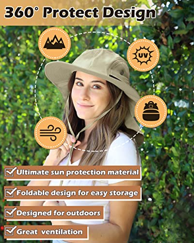 Tirrinia Wide Brim Sun Hat with Neck Flap for Men & Women, Breathable Hiking Fishing Safari Hat, Outdoor UV Protection Cap - color: # Tan
