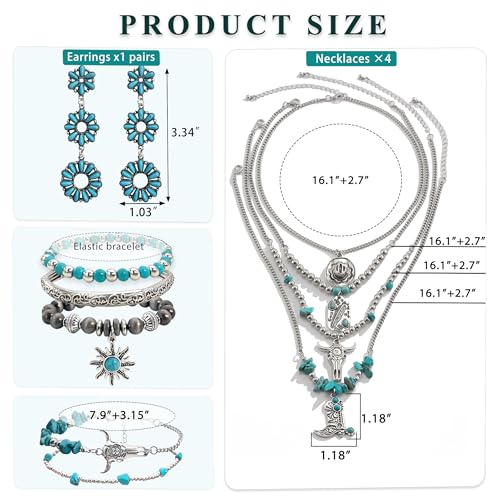 Turquoise Western Jewelry Set for Women, Boho Cowgirl Earrings Bracelet Stack and Layered Necklace, Silver Tone, Multiple Styles - style: Sunflower