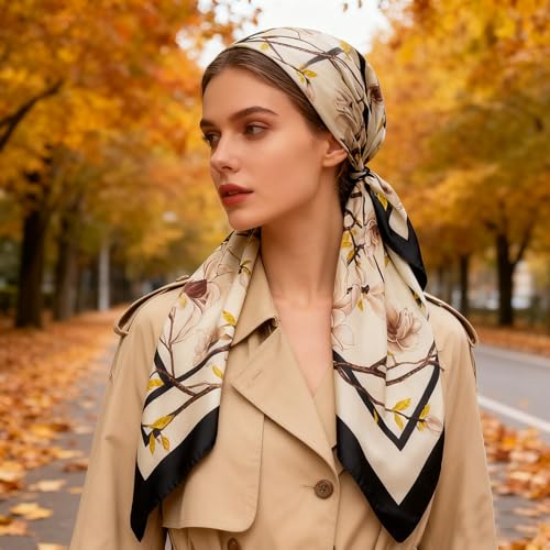 K-Elewon Large Square Scarf 43" Silk Scarf Fashion Scarves Silk Feeling Hair Wrapping Scarfs Night Sleeping Headscarf - color: Vb27