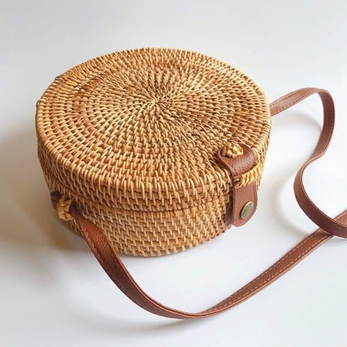 Boho Rattan Crossbody Bag, Handwoven Round Rattan Bag Purse for Women, Tote Basket Circle Boho Bag for Travel Summer Picnic - style: Rattan Bag With Non-adjustable Strap