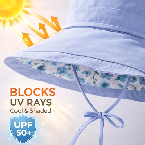 Wide Brim Sun Hat for Women Reversible Beach Hats Metal Wired Edge Gardening Hats, UPF 50+ Bucket Summer Hat - color: Blue