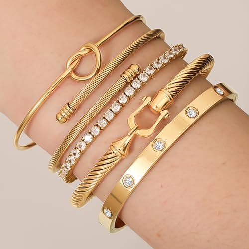 18 K Gold Plated Love Bangle Bracelet Stack Cuff Jewelry for Women Jewelry Set for Women Gift with Box - style: style4