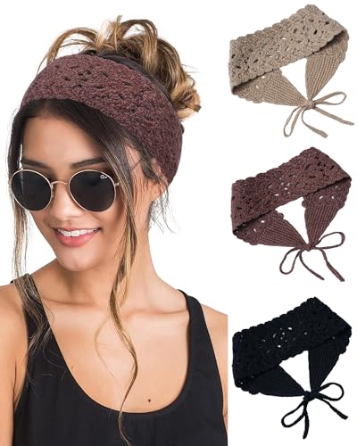 HAIMEIKANG Hippie Hair Bandana Headbands for Women Boho Headband Knit Hair Bands Floral Head Wrap for Women and Girls(Black+Brown+Coffee) - color: Black+Brown+Coffee