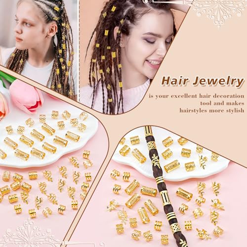 50Pcs Adjustable Metal Hair Cuffs and Rings for Braids, Bohemian Princess-inspired Gold Hair Jewelry Set for Women, Festival Party Dreadlock Decorations
