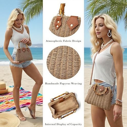 ZIDE Straw Crossbody for Women Woven Summer Beach Handmade Wicker Rattan Bamboo Joint Bag Boho Satchel for summer Holiday - color: Brown