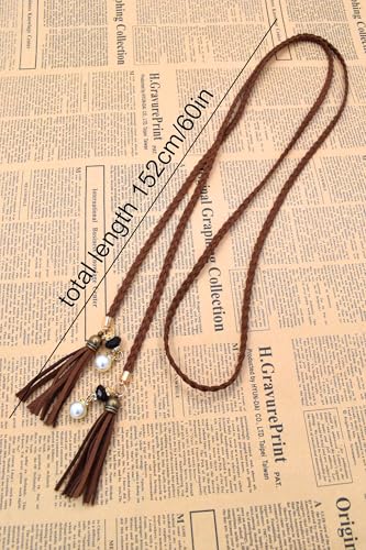 TeeYee Waist Belt Woven Knitted Rope/Chain PU leather 3 Pieces Tassel Rope Skinny Belt - color: 257beigetancoffee