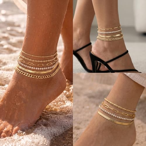 DEARMAY 14K Gold Plated Ankle Bracelets for Women Waterproof - Dainty 6Pcs Anklets Layered Cuban Link Chain Herringbone Cute Anklets Set Pack Summer Beach Jewelry Gift for Women Teen - color: Gold Anklet A