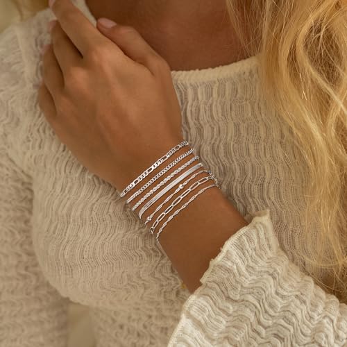 Tewiky Waterproof Gold Bracelets for Women Non Tarnish - Dainty Stack 14K Gold Plated/Sterling Silver Chain Bracelets Set Adjustable Trendy Jewelry for Women - style: Style F