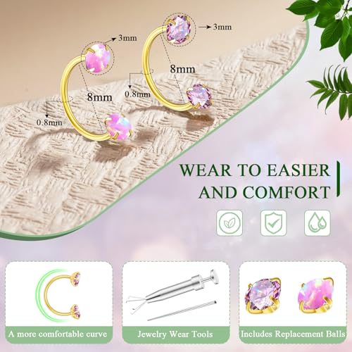 Opal Nose Ring Studs Horseshoe Nose Rings Hoops Stud 316L Stainless Steel Nose Rings Round CZ Square Screw L Shaped Nose Stud Hypoallergenic Nostril Piercing Jewelry for Women Men - color: Gold/3.0mm Pink gem/20gauge