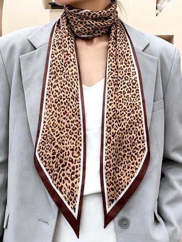 kcctoo 59" Mulberry Silk Like Head Scarf Women's Fashion Square Neck Satin Scarfs for Bag Hair Scarves Gift 59 * 5.9” - color: B006-brown Leopard Print