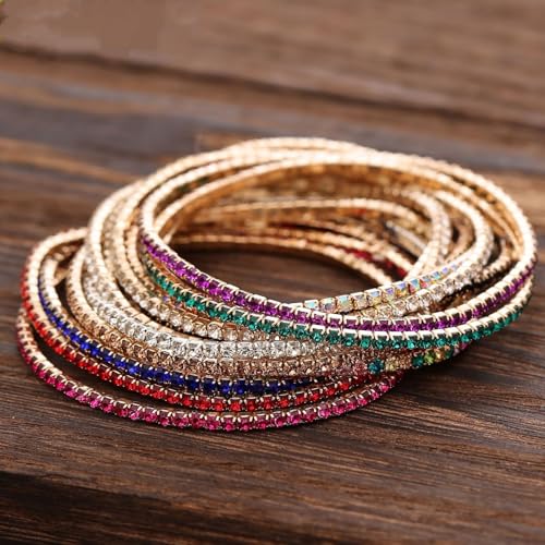 14K Gold Plated Dainty 10Pcs Colorful Cubic Zircon Crystal Beaded Adjustable Stackable Stretch Sparkling Tennis Chain Bracelet Set Birthday Wedding Jewelry for Women - color: mix