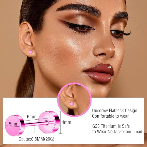 ZDE Women Earrings Flat Back Dot Earrings Titanium Hypoallergenic Cartilage Non-Nickel Earrings Studs for Sensitive Ears Simple Classic 3mm/4mm/5mm/6mm Screw On Stud Earring - color: Pink, size: 5MM