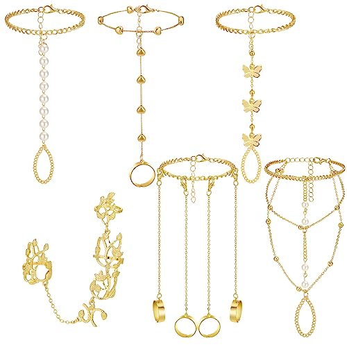 Fumete 6 pcs Finger Ring Bracelet Linked Rhinestone Hand Harness Chain Slave Bracelet with Ring Everyday Jewelry for Women - color: Gold, style: Delicate