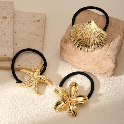 3PCS Gold Hair Ties, Metal Hair Ties for Thick Hair, Elegant Durable Geometric Design, Gold Hair Accessories Stretchy and Non-Damage Ponytail Holders, Ocean Pattern 3 Style Starfish Shell Flower - color: Gold Set 02