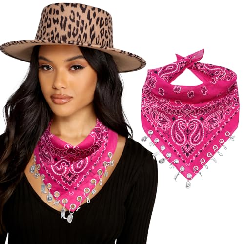 AWAYTR 100% Cotton Bandana for Cowgirl Western Cowboy Costume, 21 Inch Paisley Scarf with Grommet Western Ornaments - color: Rose Pink