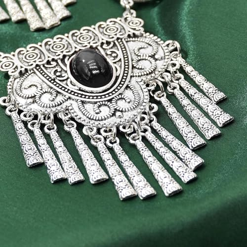 Bethynas Bohemian Ethnic Tribal Chunky Necklace Multilayer Long Tassel Turquoise Statement Neck Chain Retro Coin Gemstone Exaggerated Costume Accessories for Women - color: C-Black