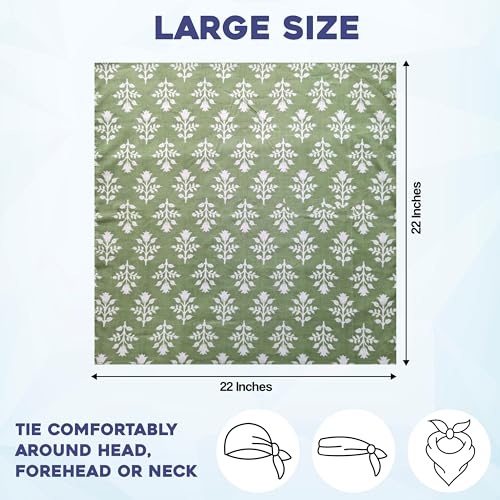 AVKA Studio 100% Cotton Bandanas for Women & Men, 2 Pack 20x20 Inch, 22x22 inch Hand Printed, Lightweight Cotton Handkerchief - color: Sage Green, size: 22 x 22 Inches Large