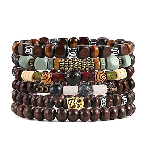 HZMAN Wrap Bracelets Men Women, Hemp Cords Wood Beads Ethnic Tribal Bracelets, Leather Wristbands - style: Skull