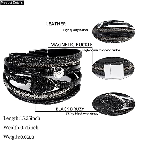 Artilady Leather Wrap Bracelets for Women - Pearl Bracelets Handmade Clasp Bangle Bracelet with Beads Jewelry Gift for Women and Mother - style: Black with druzy