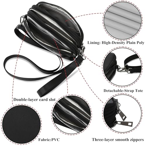 Small Wristlet Wallet for Women, 3-Zip Crossbody Phone Purse - color: Black/Pull-up-pvc