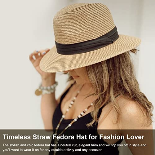 DRESHOW Women Straw Panama Hat Travel Fedora Beach Sun Hat Summer Wide Brim Straw Roll up Hats UPF 50+ - color: Fedora Khaki