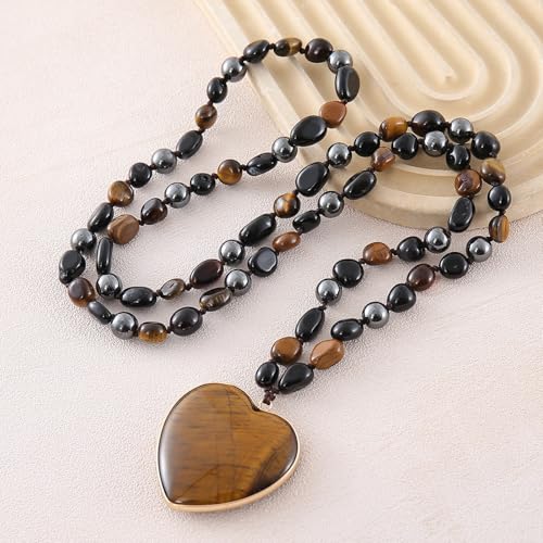 Long Necklaces for Women Boho, Oval Waterdrop Turquoise Pendant, Natural Stone Beaded, Handmade,Vintage & Elegance, Boho Fashion Charm Beaded Necklace for Women - style: M-TigersEye