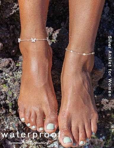 RLMOON Gold Silver Anklets for Women CZ Ankle Bracelet 14K Gold Plated Waterproof Layered Stackable Clover Butterfly Tennis Chain Anklet Trendy Summer Beach Foot Jewelry - color: C-Butterfly&CZ Station Anklet-Silver