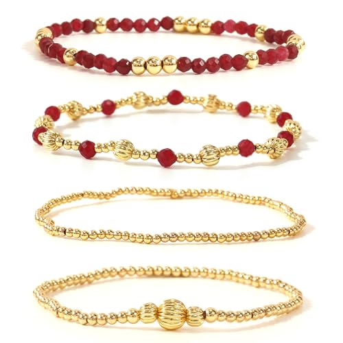Dainty 14K Gold Lantern Beaded Bracelets Stack for Women,4PCS Colorful Glass Beads Stretch Stackable Bracelets Set Fashion Prom Jewelry Gift Friendship - color: Red