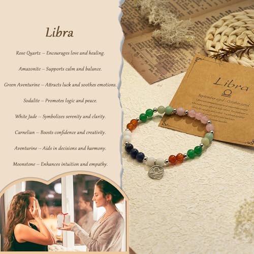 Zodiac Natural Stone Bracelet – Handmade Crystal Healing Bracelet with Zodiac Charm – Adjustable Beaded Jewelry Gift for Women Men Girls - color: Libra