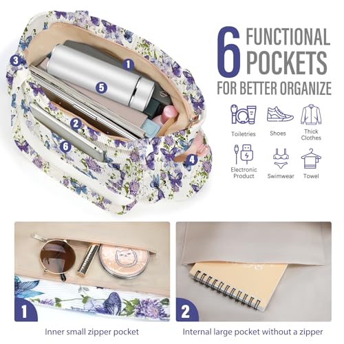 Corduroy Tote Bag for Women,Large Capacity Cute Tote Bags With 6 Pockets,Crossbody Shoulder Handbag for Work Travel Gym - color: Purple Butterfly