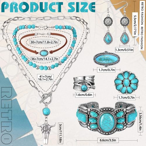 Ecally Bohemian Western Jewelry Turquoise Set Women Country Pendant Long Choker Layered Bracelets Earrings Ring for Women - color: Turquoise, style: Stylish