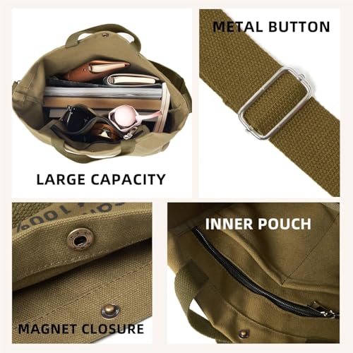 Canvas Tote Bag For Women inside out bag Crossbody Handbag with Adjustable Strap and Coin Purse for Work,Travel,Grocery - color: Khaki