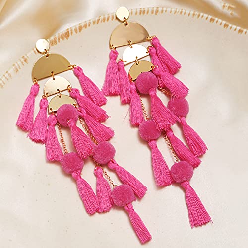 Long Tassel Earrings for Women Colorful Fringe Drop Dangle Earrings Bohemian Hawaiian Summer Beach Jewelry for Womens Vacation Outfits - color: Hot Pink