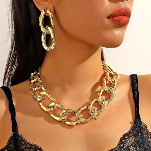 choice of all Chunky Gold Necklace Statement Necklace for Women Punk Chain Thick Gold Choker Jewelry Trendy Birthday Gifts - color: H:chunky necklace earrings set