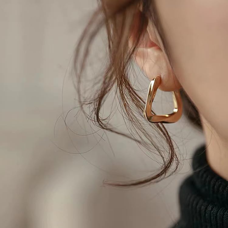 Geometric Hoop Earrings, Stainless Steel, Twisted Textured Trapezoid Design, Anti-Allergic - color: Gold
