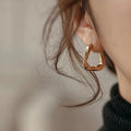 Geometric Hoop Earrings, Stainless Steel, Twisted Textured Trapezoid Design, Anti-Allergic - color: Gold