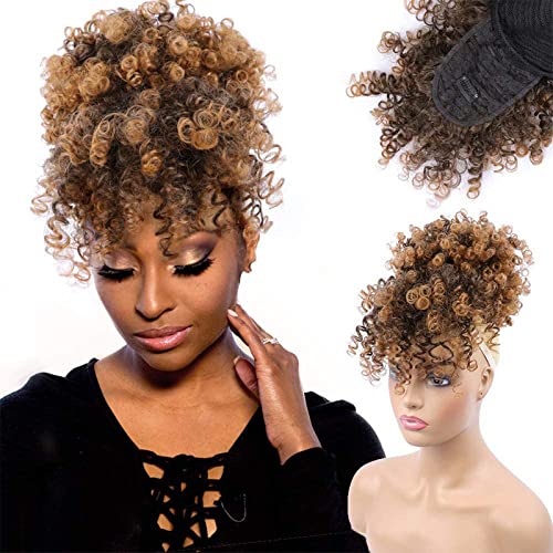 Afro Puff Drawstring Ponytail for Black Women, Kinky Curly Synthetic Hair Bun Extension with Bangs, Short Clip in Updo Hairpiece, T30 Ombre - color: T30