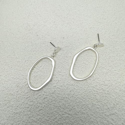 Stud Earrings for Women 14k Gold Plated Geometric Dangle Earrings Lightweight Minimalist Handmade Hammered Texture Oval Disc Drop Double-layer Big Hoop Dangle Earrings for Women - color: Hoop Dangle Silver