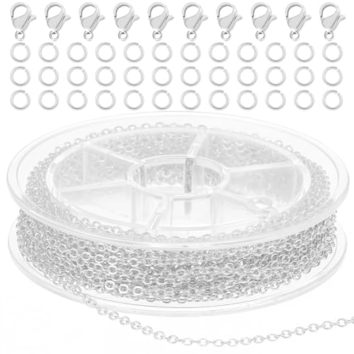 Wanmu 9.8Ft Stainless Steel Chain for Jewelry Making, Silver Necklace Link Cable Chains Roll with 10 Lobster Clasps and 30 Open Jump Rings, Charm Bracelet Supplies for Men Women DIY Craft - 1.5MM - color: Silver