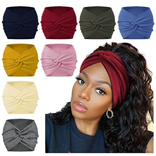 AKTVSHOW 7'' Wide Headbands for Women, Extra Large Turban Workout Headband Fashion Yoga Hair Bands Boho Twisted Thick Hair Accessories, 8Pack - color: Bright Hope