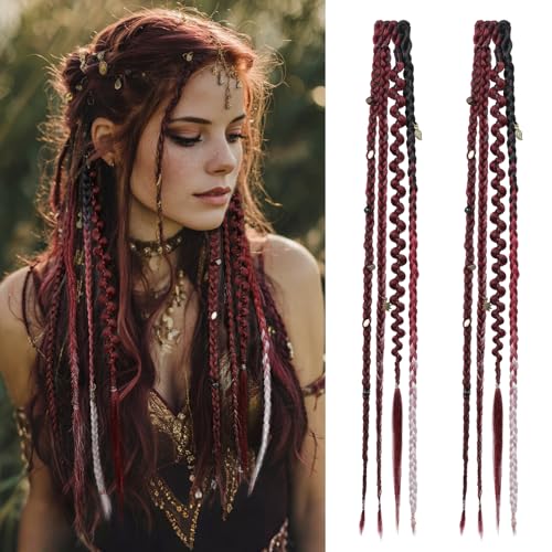 REECHO Clip in Braid Hair Extensions for Women, 20" Boho Dreadlock Clip in Braids with Beads & Charms, 2PCS Handmade Synthetic Braided Hairpieces for Cosplay Daily Styling, Burgundy & White - color: Burgundy & White, size: 20 Inch