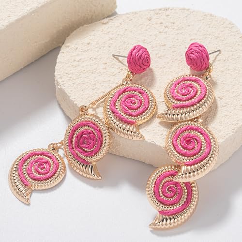 Boho Raffia Earrings Starfish Shell Seashell Dangle Drop Earrings Cute Statemnet Trendy Jewelry Summer Beach Outfits for Women - color: Hot Pink, size: Seashell