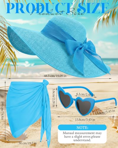 3 Pcs Summer Beach Set for Women Wide Brim Straw Sun Hat, Swimsuit Coverup Sarong, Heart Sunglasses - color: Blue
