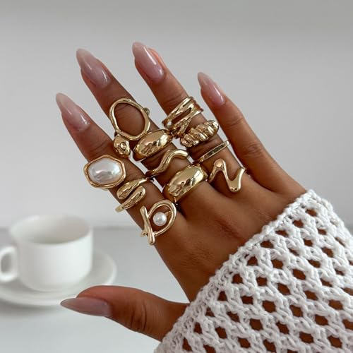 Gold Rings for Women Non Tarnish Stackable Rhinestone Moon Star Rings Dainty Stacking Pearl Butterfly Midi Pinky Thumb Joint Finger Knuckle Ring Set Gold Non Tarnish Jewelry Gifts Trendy Stuff - color: Q Chunky Gold Rings 11Pcs