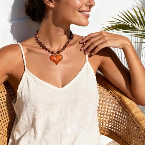 Coiris Chunky Heart Necklace for Women Statement Beaded Pendant Boho Christmas Necklace Gifts for Women - color: Amber, size: Short