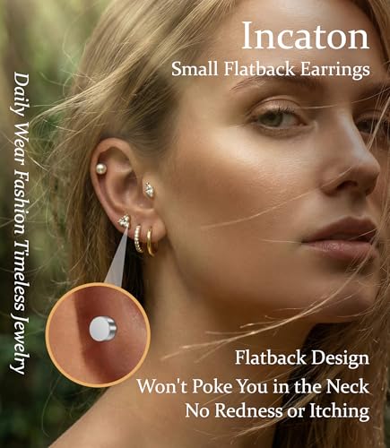 Incaton Hypoallergenic Flat Back Earrings for Women Silver 14K Gold Plated Surgical Stainless Steel Stud Earrings Cubic Zirconia Cartilage Studs Earrings For Multiple Piercing Sensitive Ears - color: B-Gold