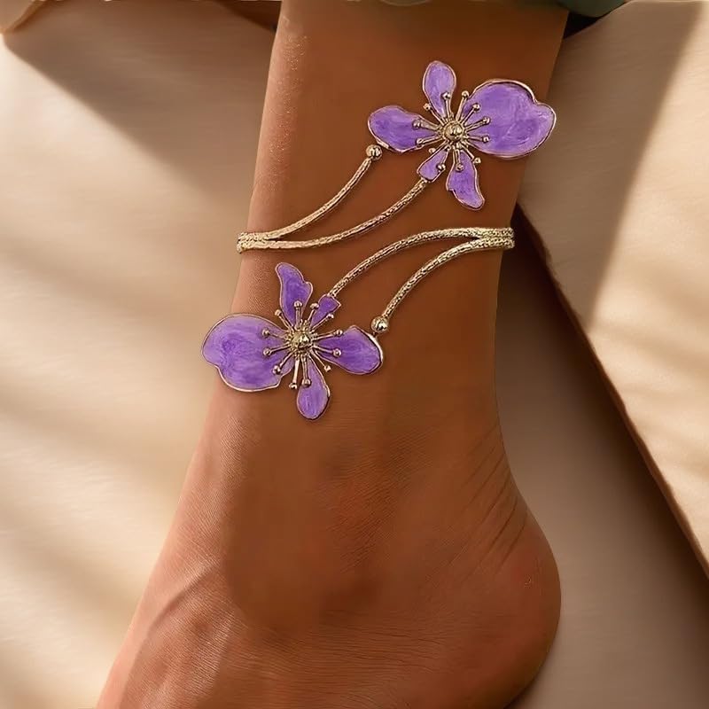 Flower Arm Cuff Bracelets for Women Adjustable Gold Upper ArmBand Jewelry Boho Floral Open Wrap Statement Bangle Bracelet Arm Cuff Jewelry Gifts for Women - color: Purple