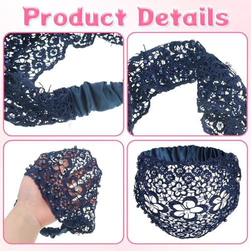 Tucnoeu 3pcs Boho-Chic Crystal & Pearl Embellished Wide Headbands, Wide Boho Pearl Headband for Wome, Floral Beaded Lace Elastic Headband Suitable for Daily Wear and Weddings Stylingvarious Holidays - color: Brown, blue, black